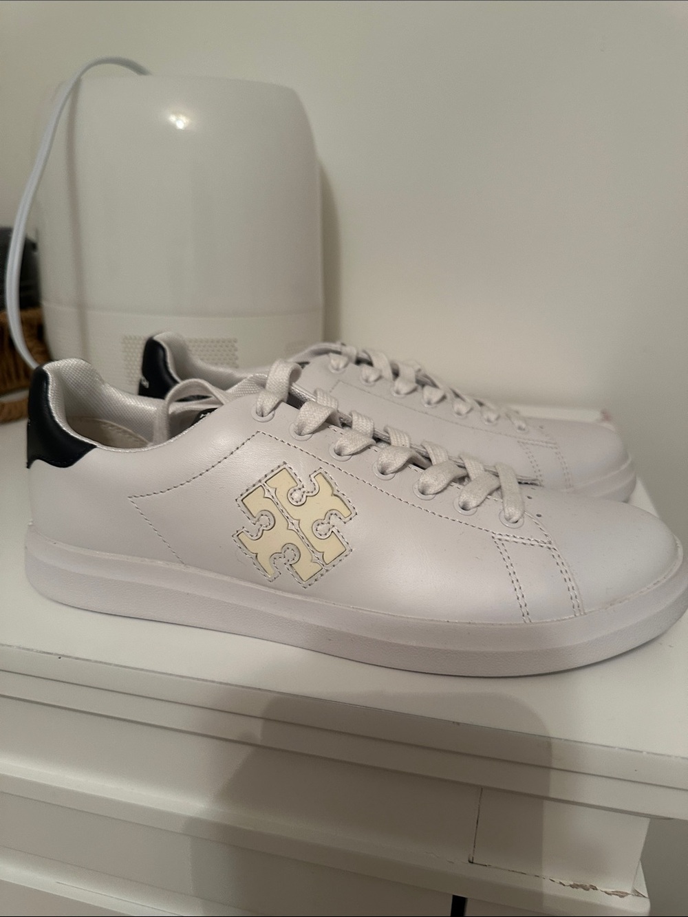 Tory Burch White Leather Sneakers with Black Heel and Cream Logo